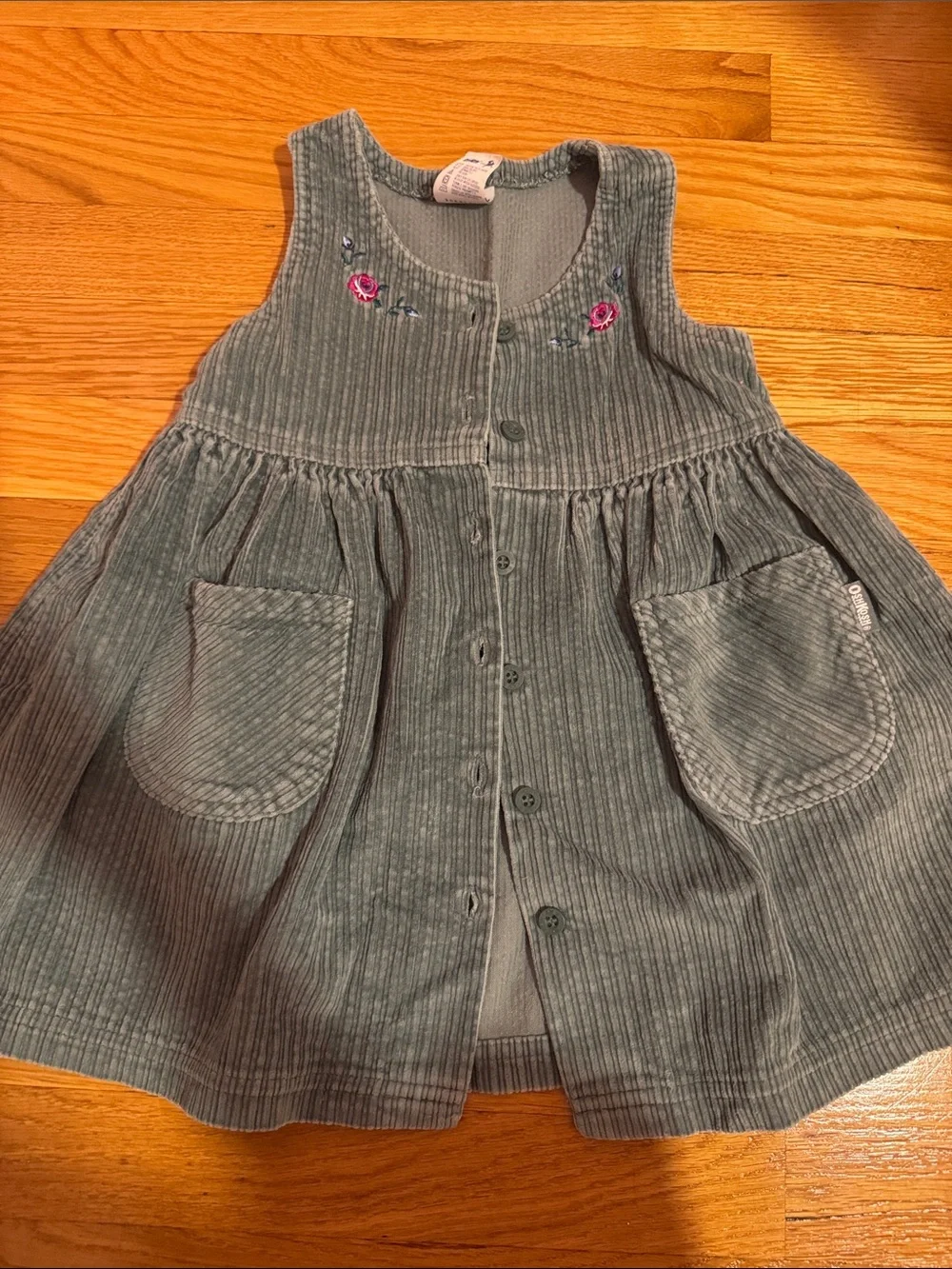 Vintage Corduroy Button-Front Toddler Dress with Rose Embroidery - Sage Green